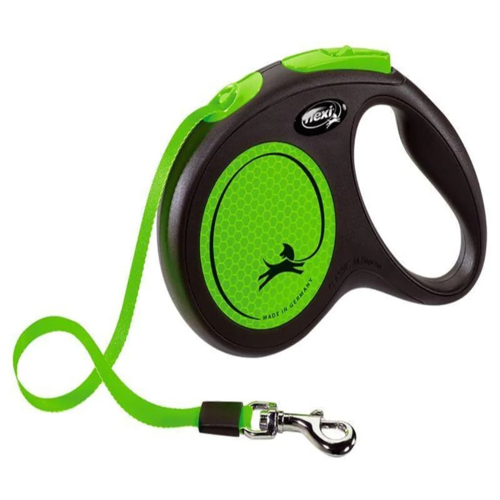 Black and green retractable dog lead with ergonomic handle and metal clip