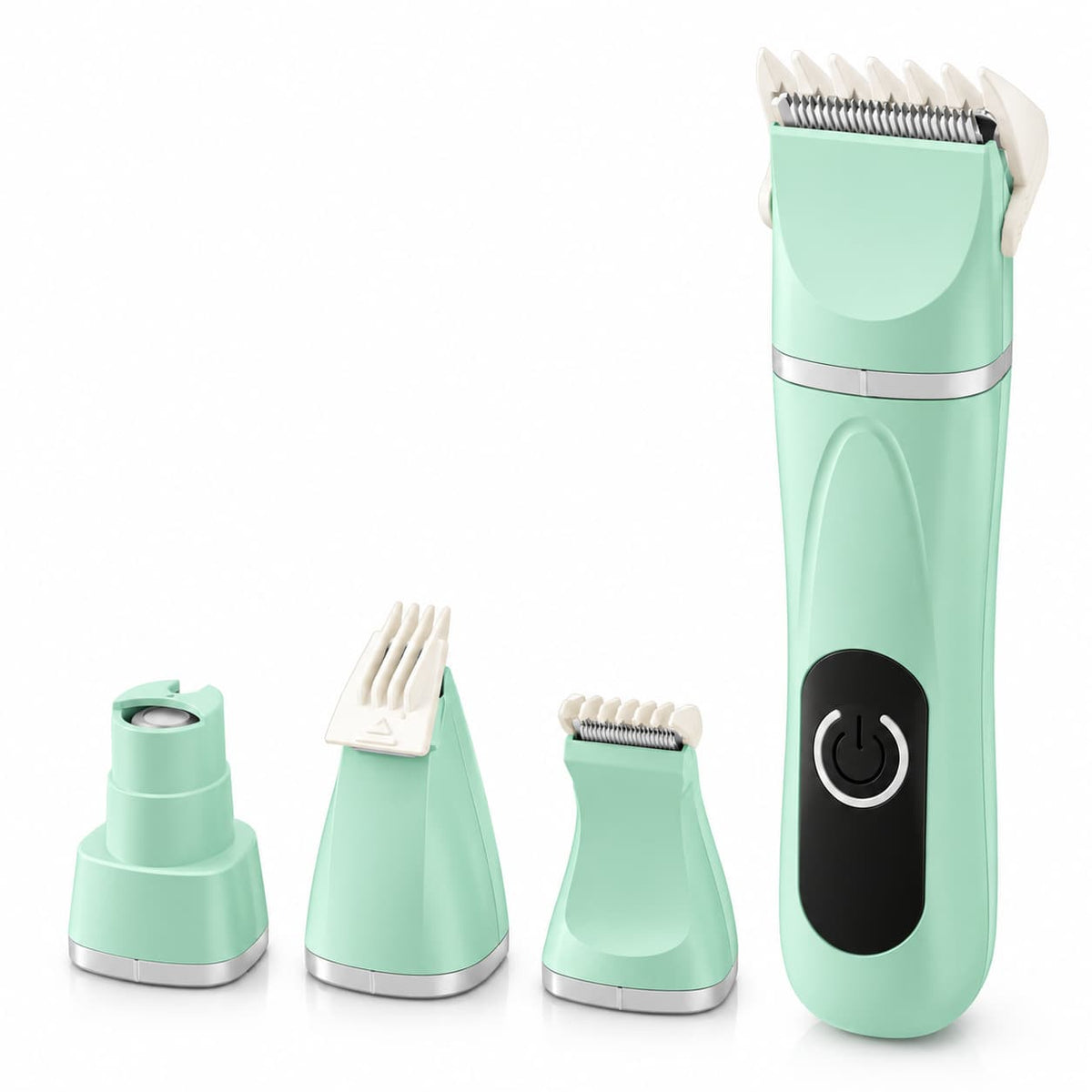 Green electric pet grooming tool displayed with interchangeable grooming and nail care attachments.