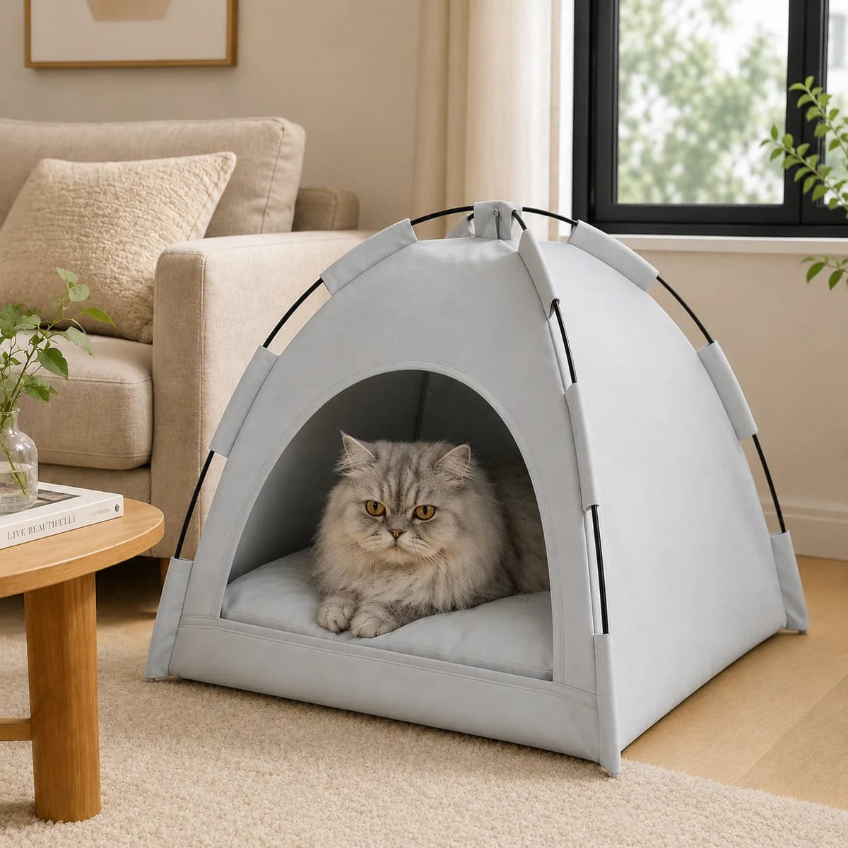 Fluffy grey cat relaxing inside a light grey dome shaped pet tent bed in a bright modern living room