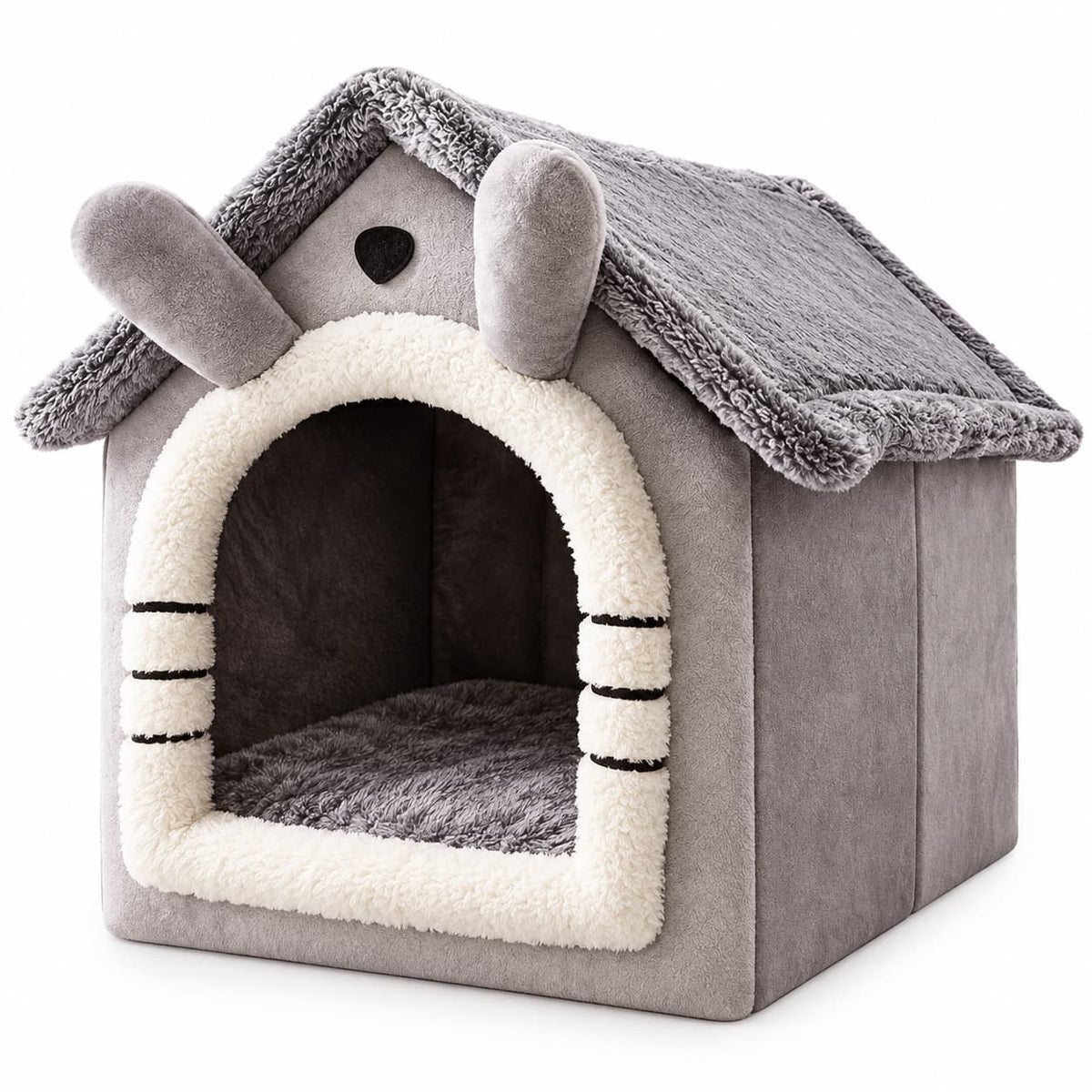 Grey house shaped pet bed with a soft enclosed sleeping area for small pets