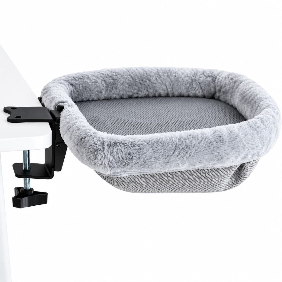 Grey plush cat bed with adjustable desk clamp mounting system shown on a white background