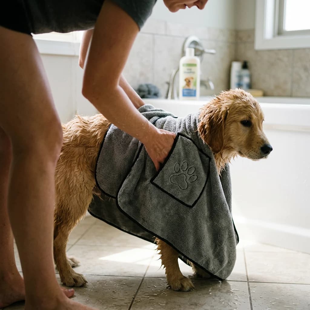 Golden Retriever being gently dried with a grey absorbent pet towel after a bath in a clean modern bathroom