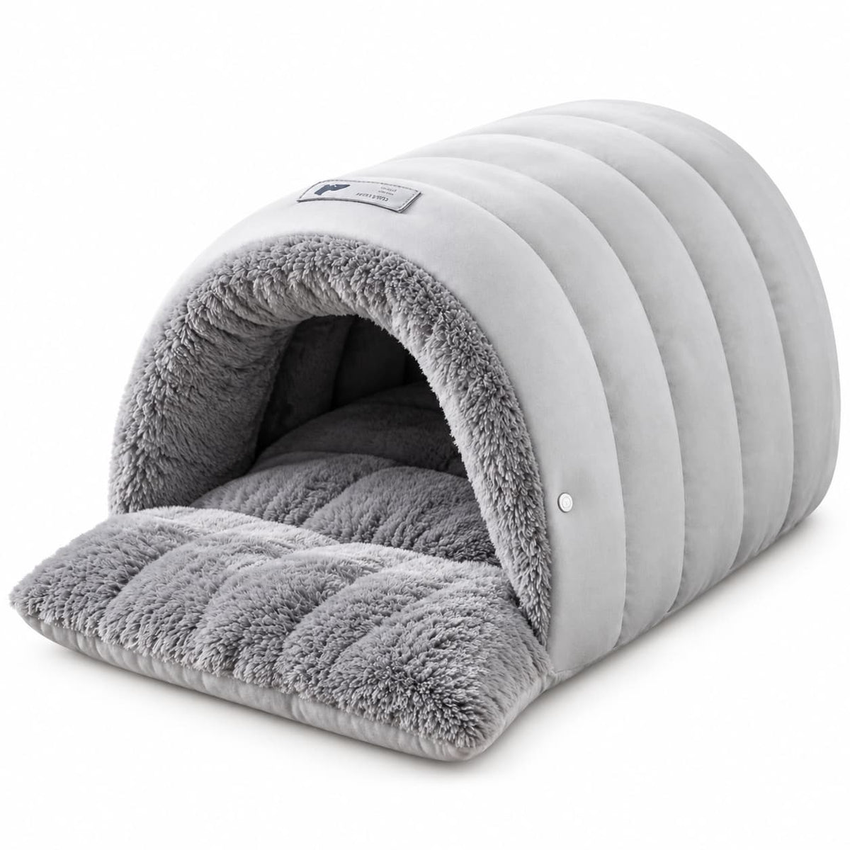 Soft grey enclosed tunnel pet bed with plush interior and cushioned entrance on a clean white background