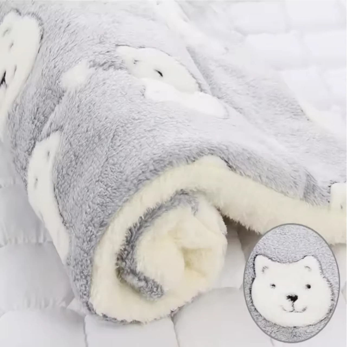 Soft grey fleece dog blanket with warm sherpa lining and cute bear print design