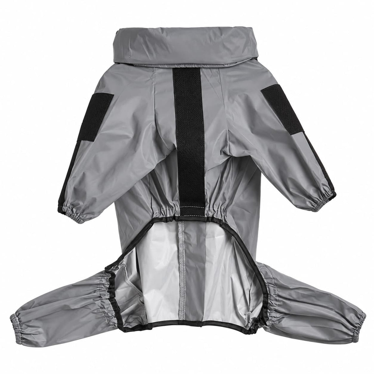 Grey full coverage waterproof dog raincoat with leg protection and reflective trim on a white background