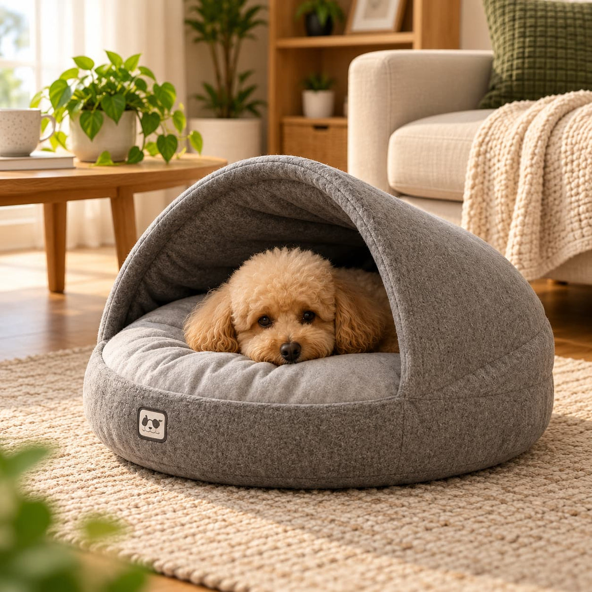 Small curly dog resting inside a soft grey hooded cave bed in a bright cosy living room