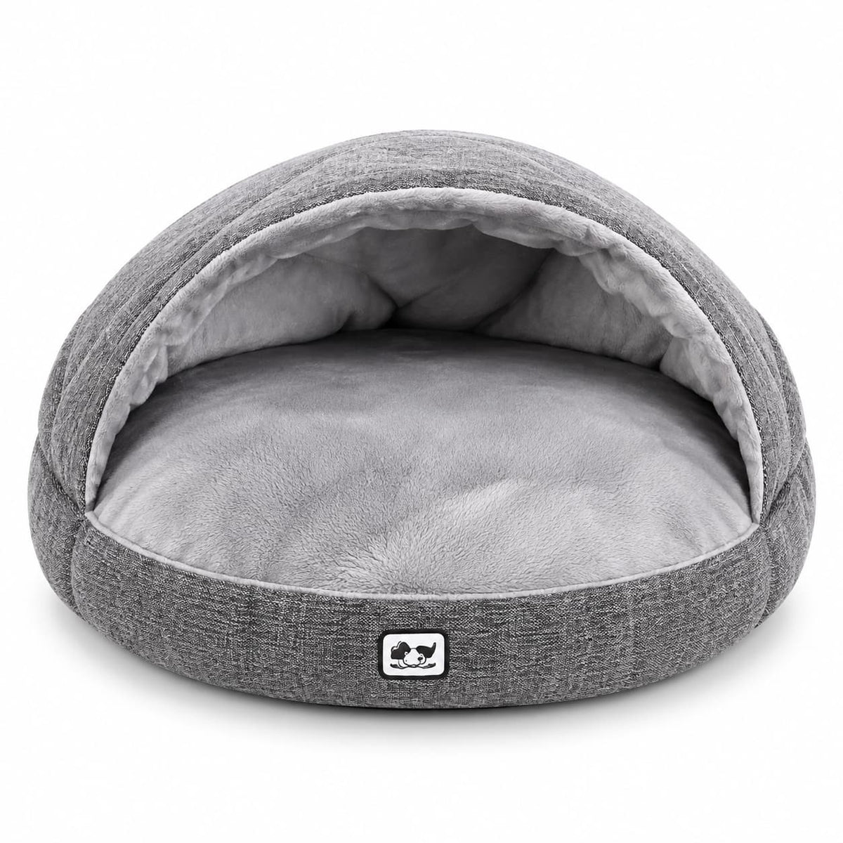 Grey plush hooded cave pet bed with padded interior displayed on a clean white background
