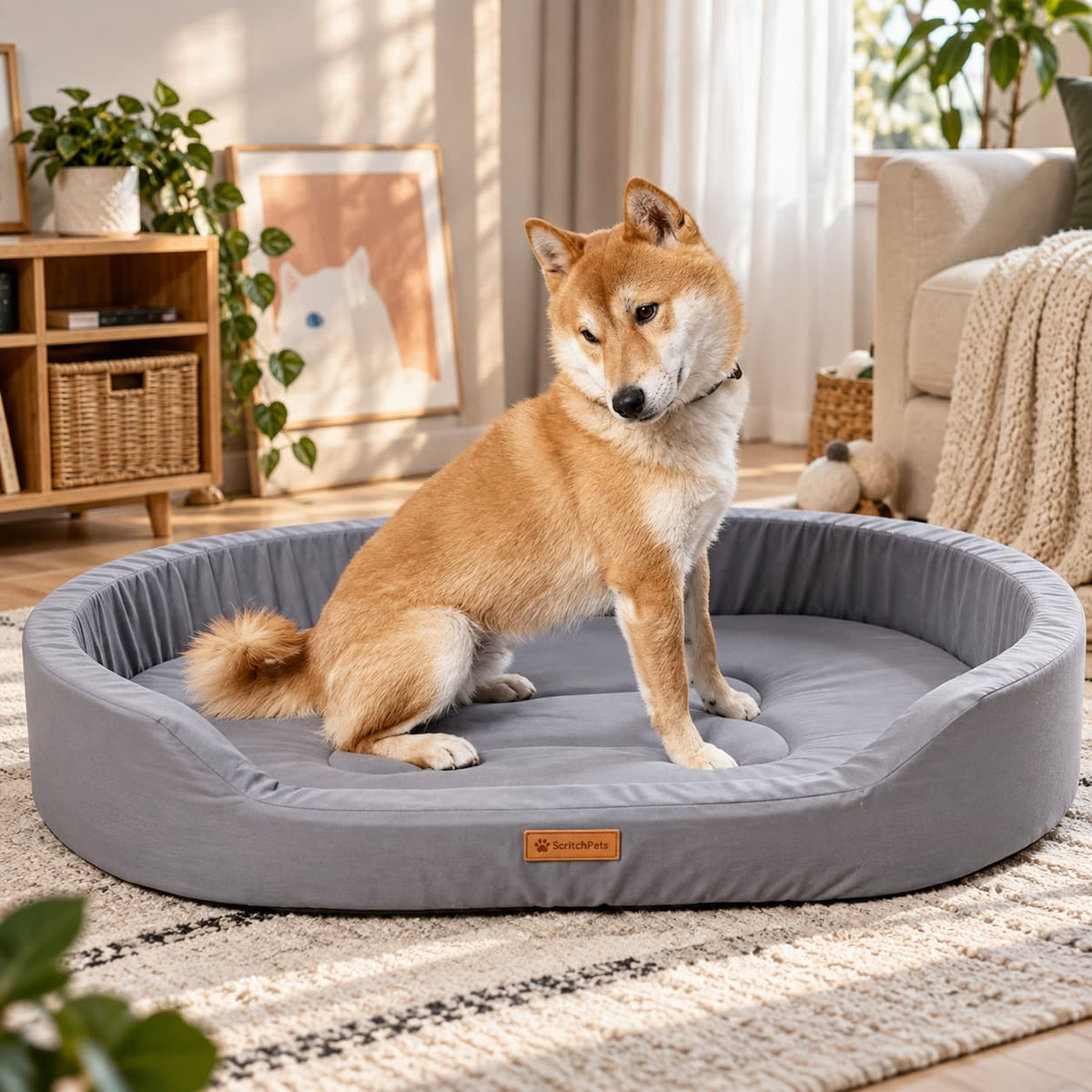 Shiba Inu sitting inside a supportive grey dog bed with raised cushioned sides