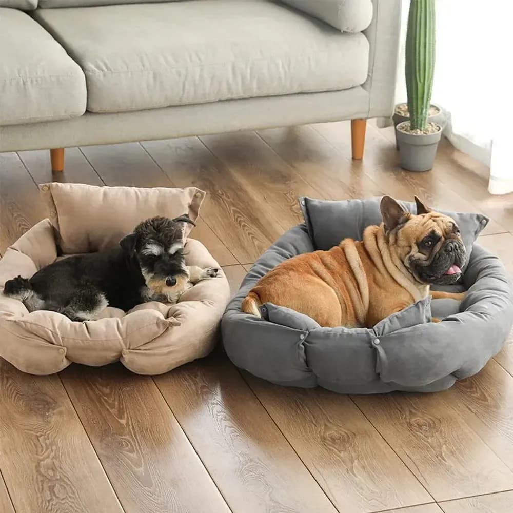 wo cats relaxing in separate grey cushioned pet beds with soft raised edges on a wooden floor.