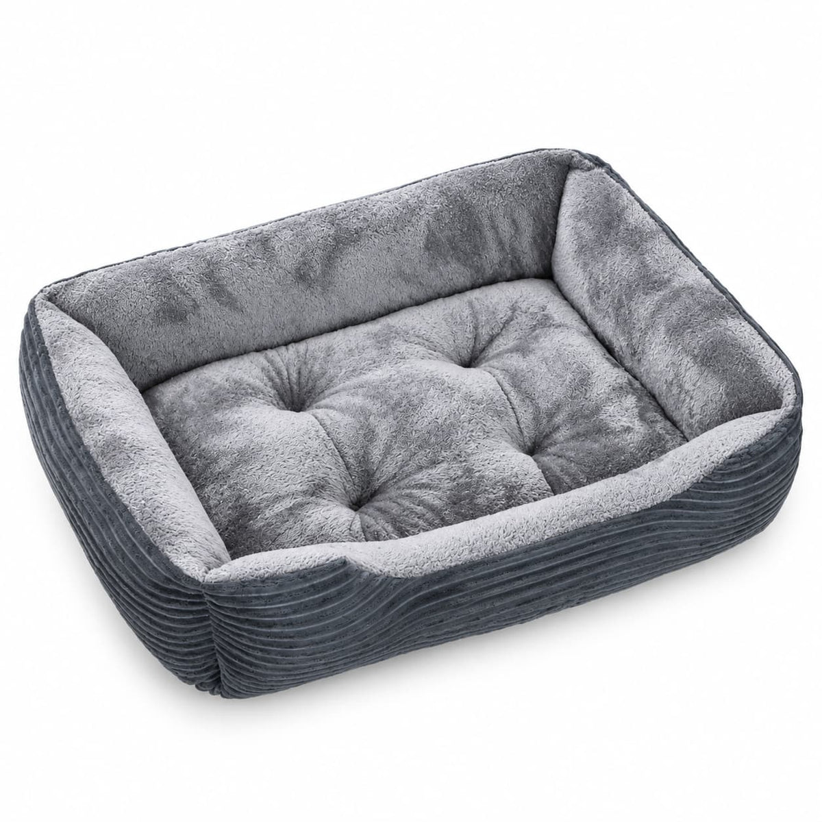 Grey rectangular pet bed with soft tufted cushioning and raised supportive sides