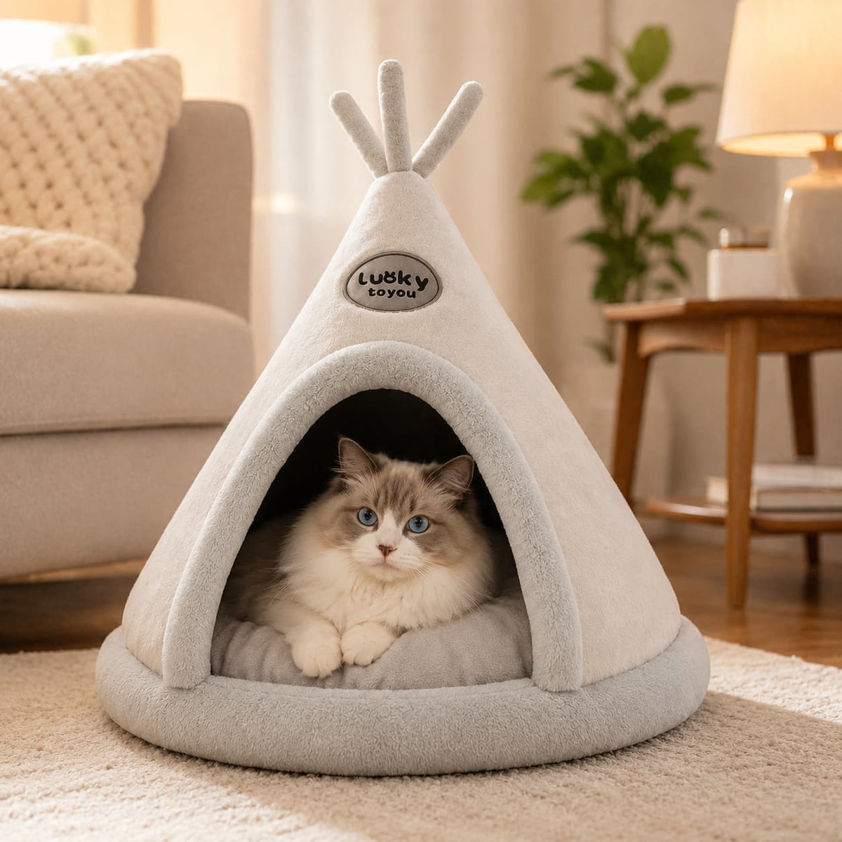 Cat resting comfortably inside a soft grey reindeer style teepee pet bed in a cosy living room
