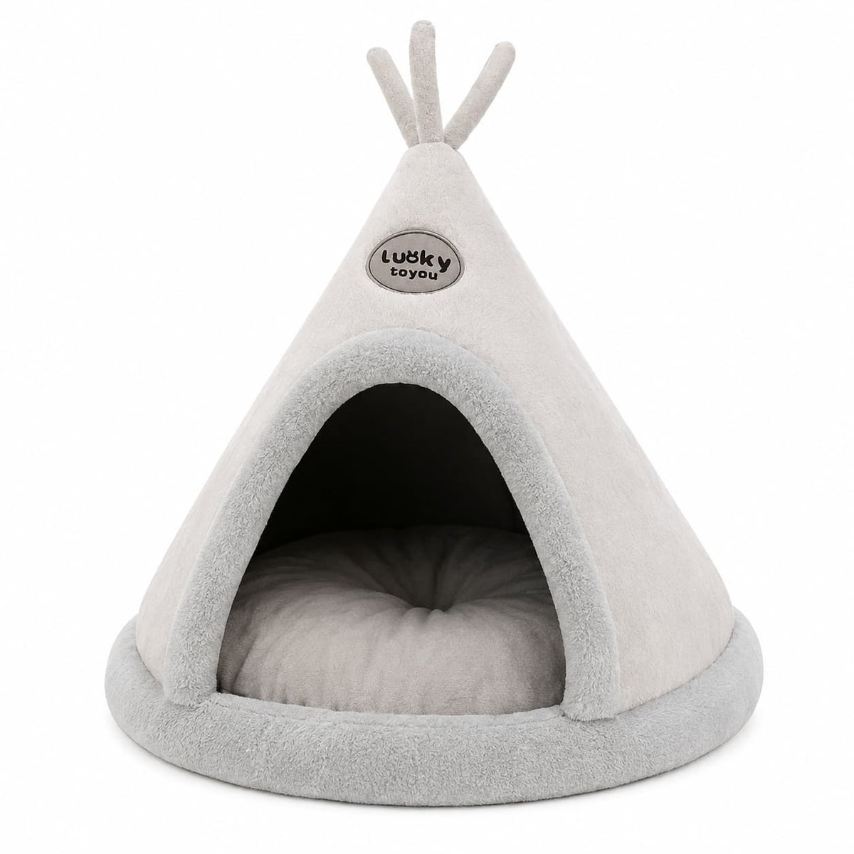 Grey reindeer style teepee pet bed displayed on a clean white background showcasing its enclosed cosy design