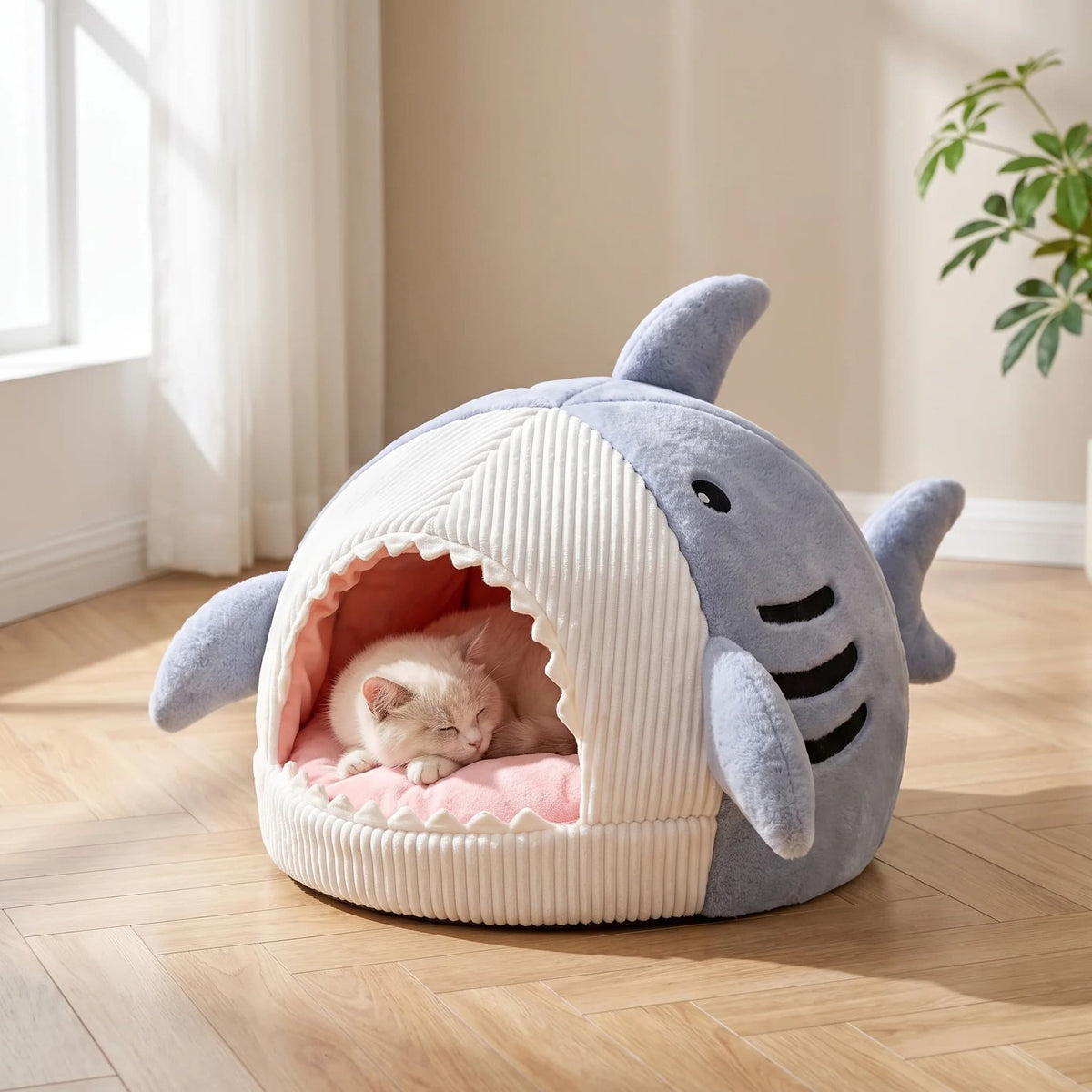 White cat relaxing inside a soft grey shark shaped cave bed with a cosy pink interior in a bright modern room
