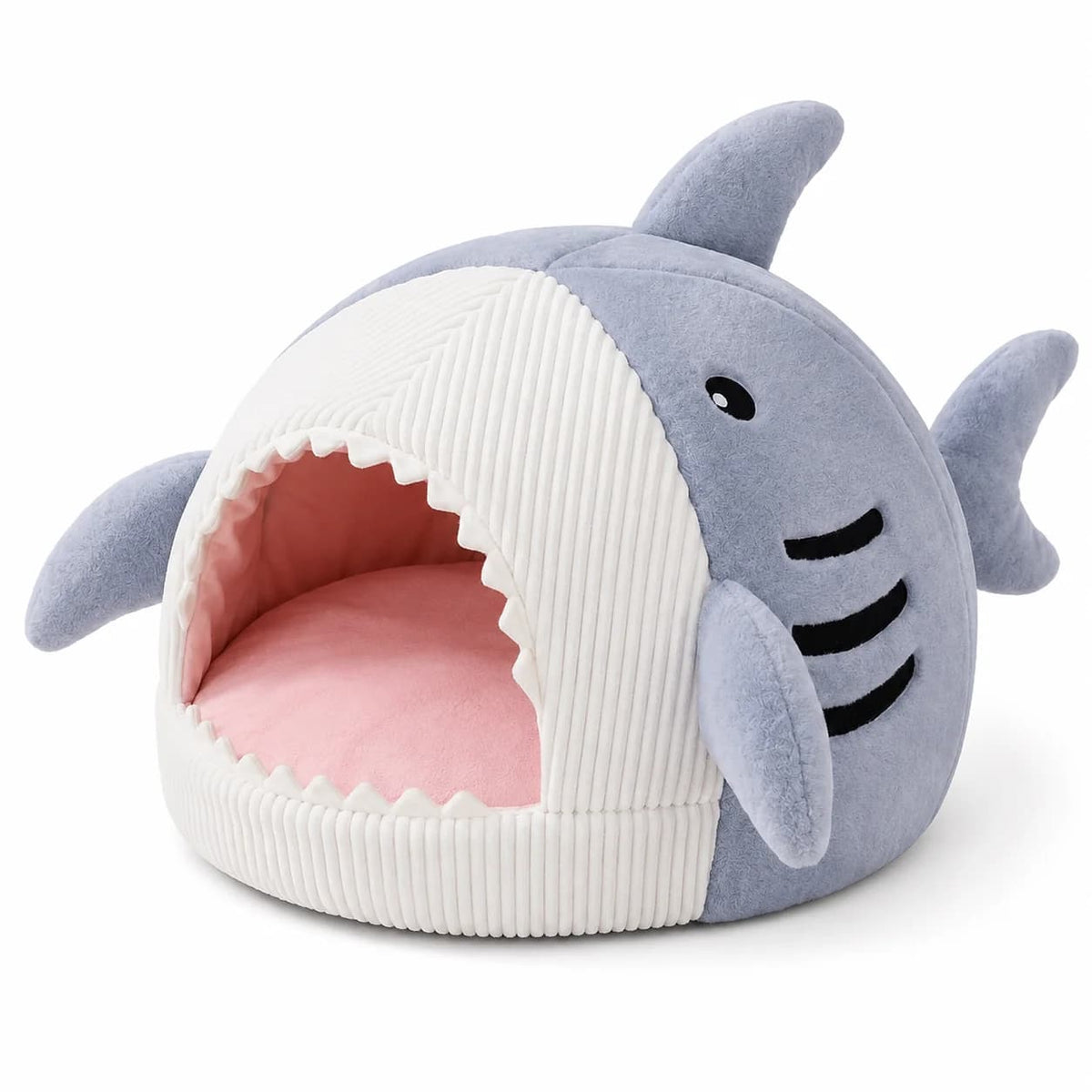 Grey shark shaped plush cat cave bed with soft pink interior displayed on a clean white background