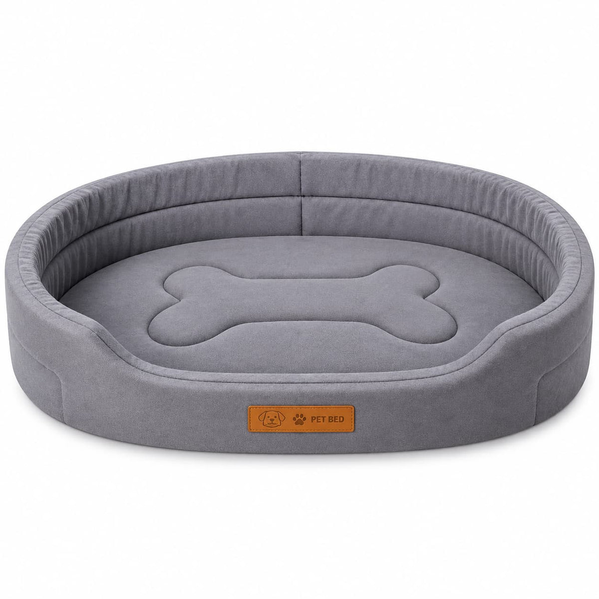 Grey oval orthopedic dog bed with raised cushioned sides and bone-shaped padded sleeping area