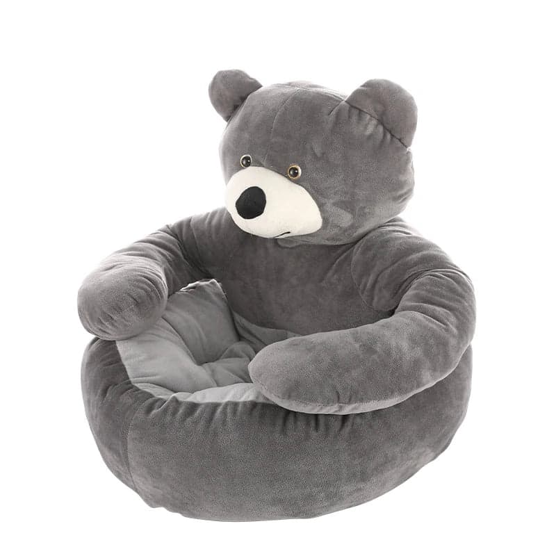 Grey plush teddy bear shaped pet bed with supportive padded sides and a cosy sleeping area
