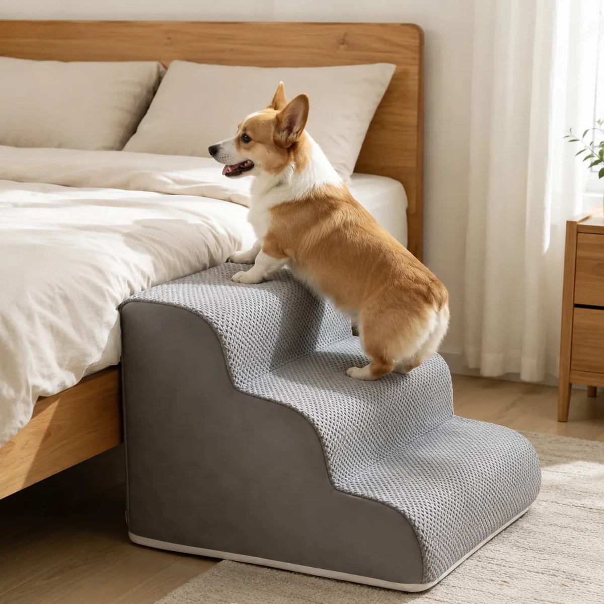 Corgi using soft grey three step pet stairs to climb onto a bed in a bright cosy bedroom