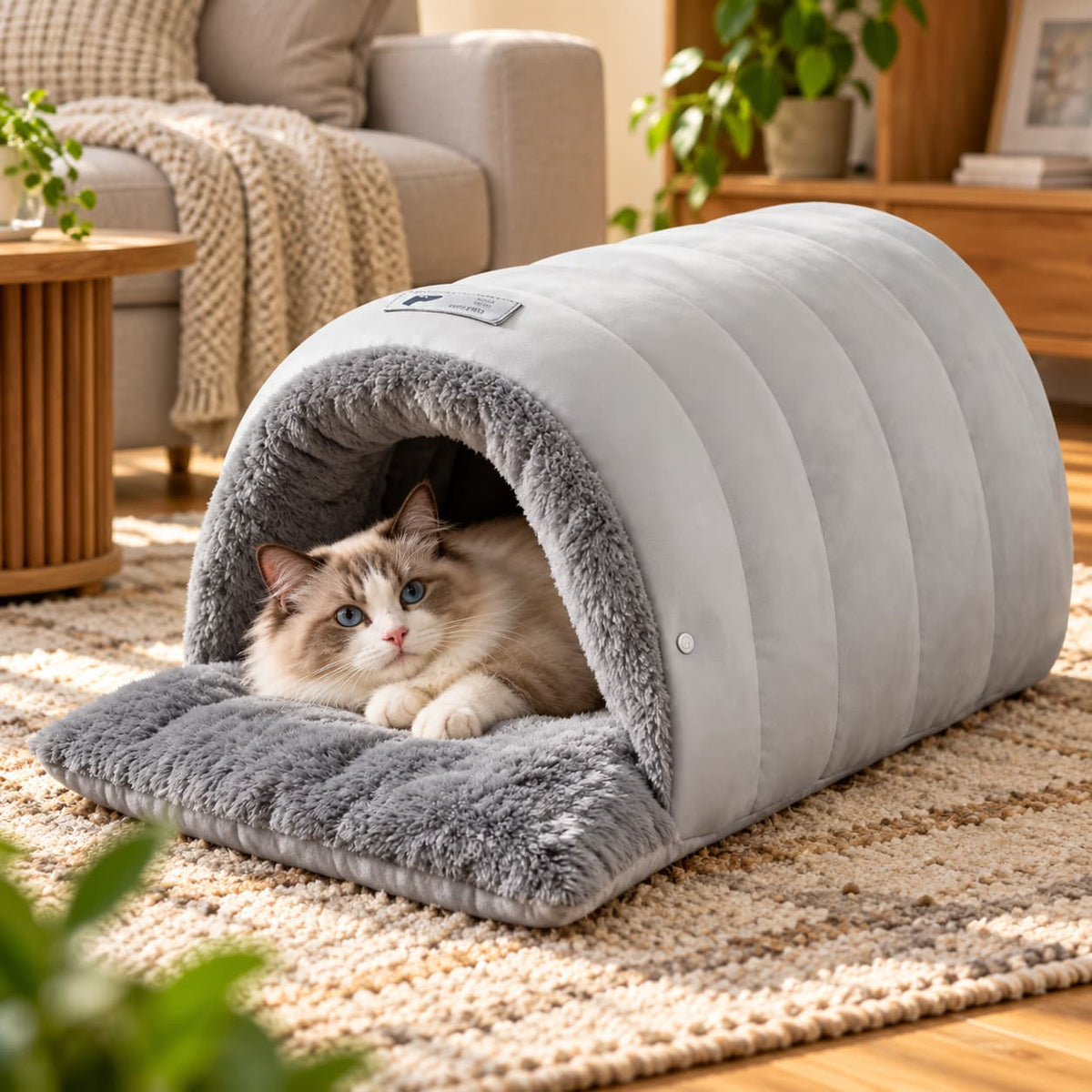 Fluffy cat relaxing inside a soft grey tunnel pet bed in a bright cosy modern living room