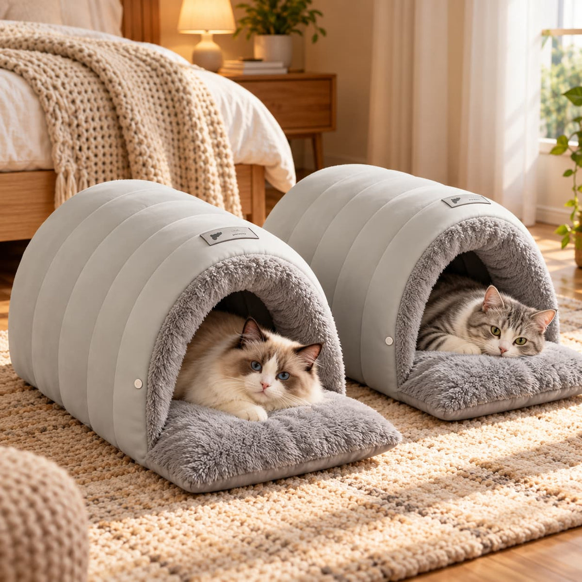 Two cats relaxing inside matching grey tunnel pet beds on a cosy living room rug