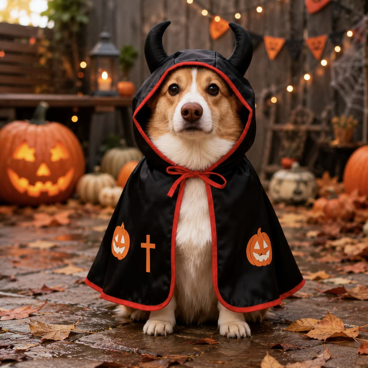 Dog wearing a black hooded Halloween devil costume with horns and pumpkin details outdoors