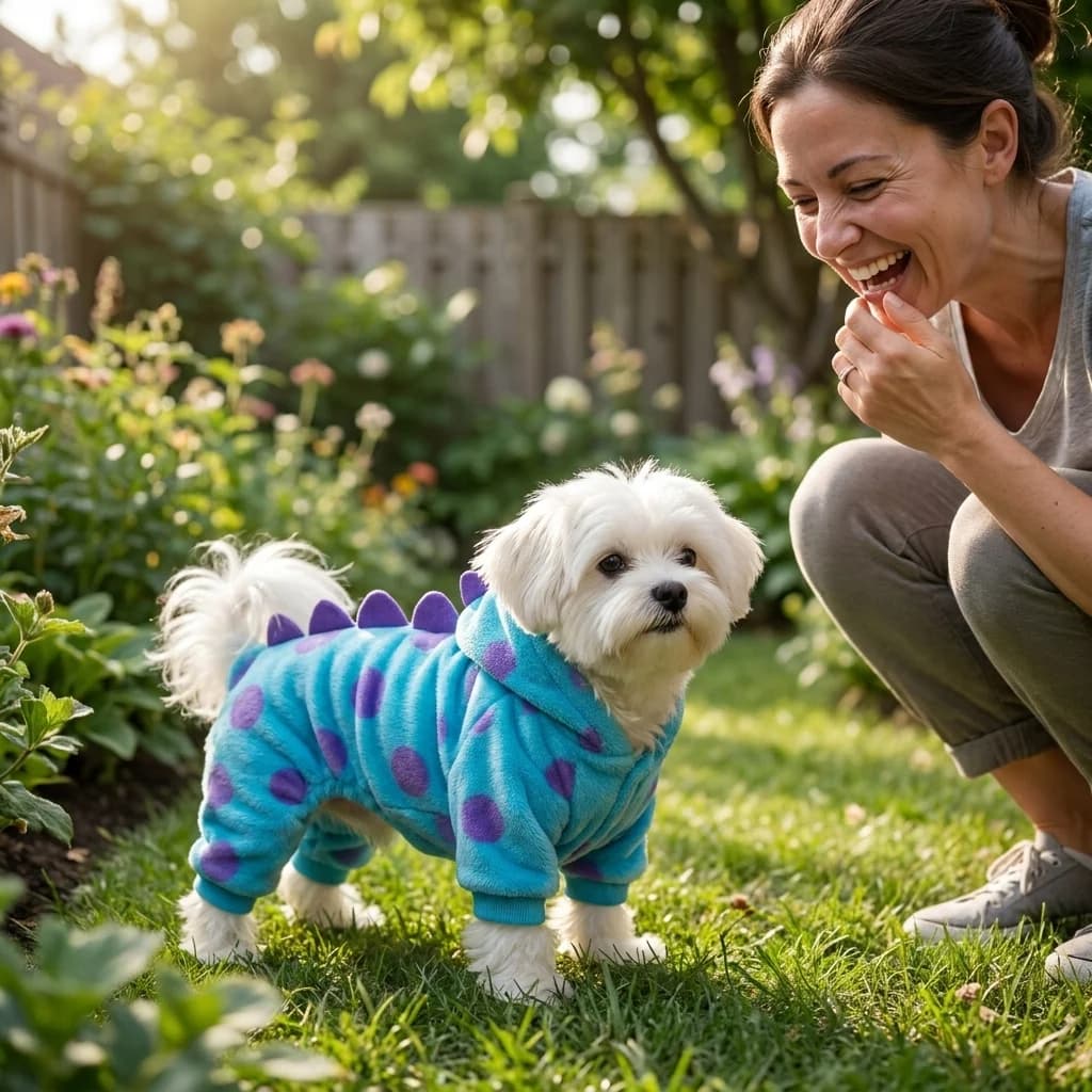 Small white dog wearing a blue dinosaur costume outdoors beside its owner.