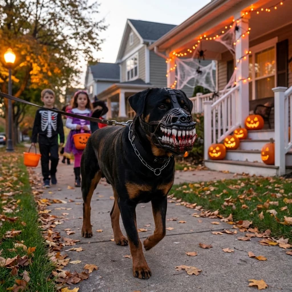 Rottweiler wearing a scary teeth muzzle walking outdoors through a Halloween decorated neighbourhood with pumpkins and autumn leaves