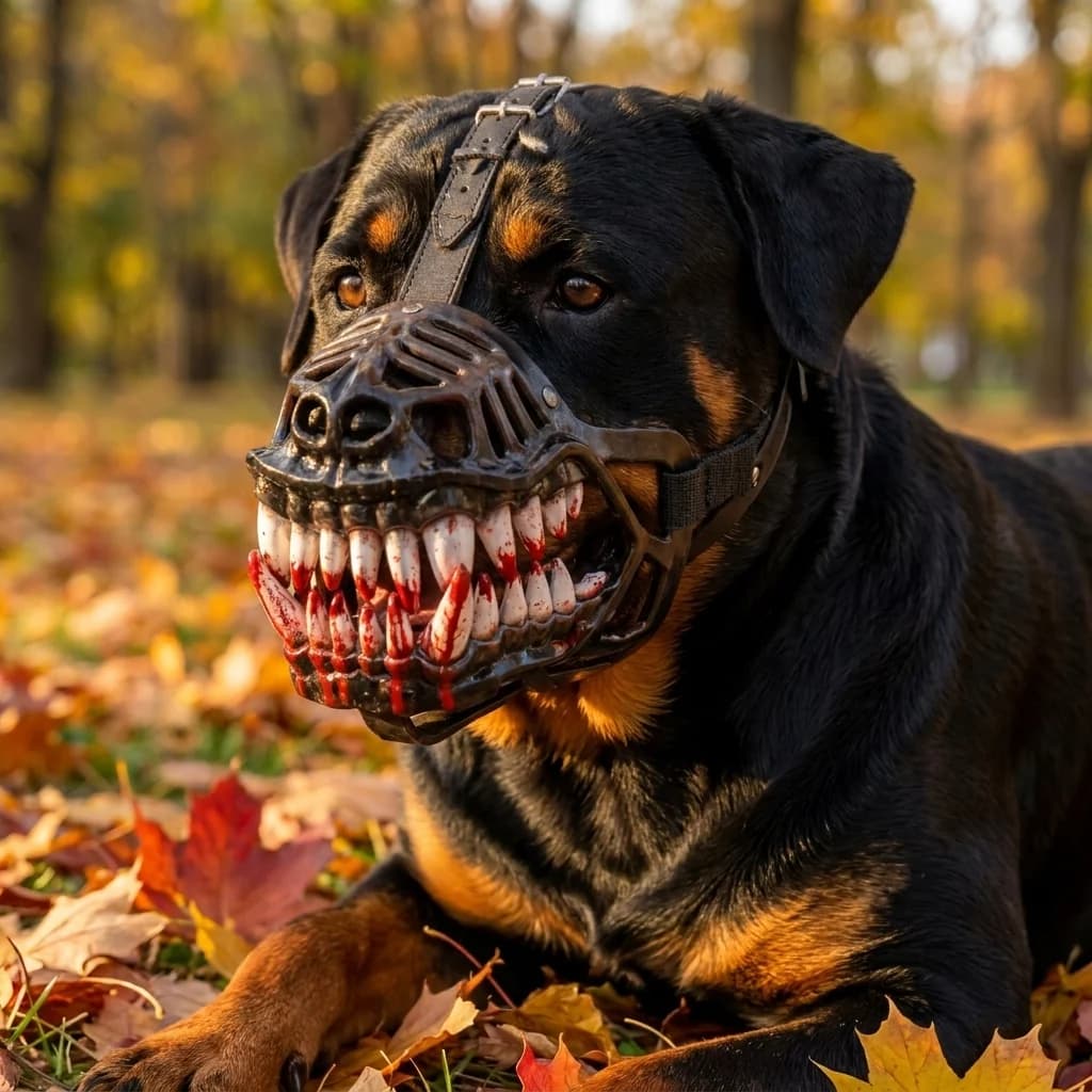Close up Rottweiler wearing a scary teeth dog muzzle outdoors among autumn leaves