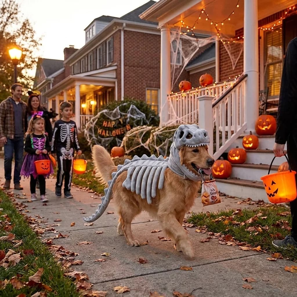 Dog wearing a skeleton Halloween costume walking through a decorated neighbourhood with pumpkins and autumn Halloween decorations