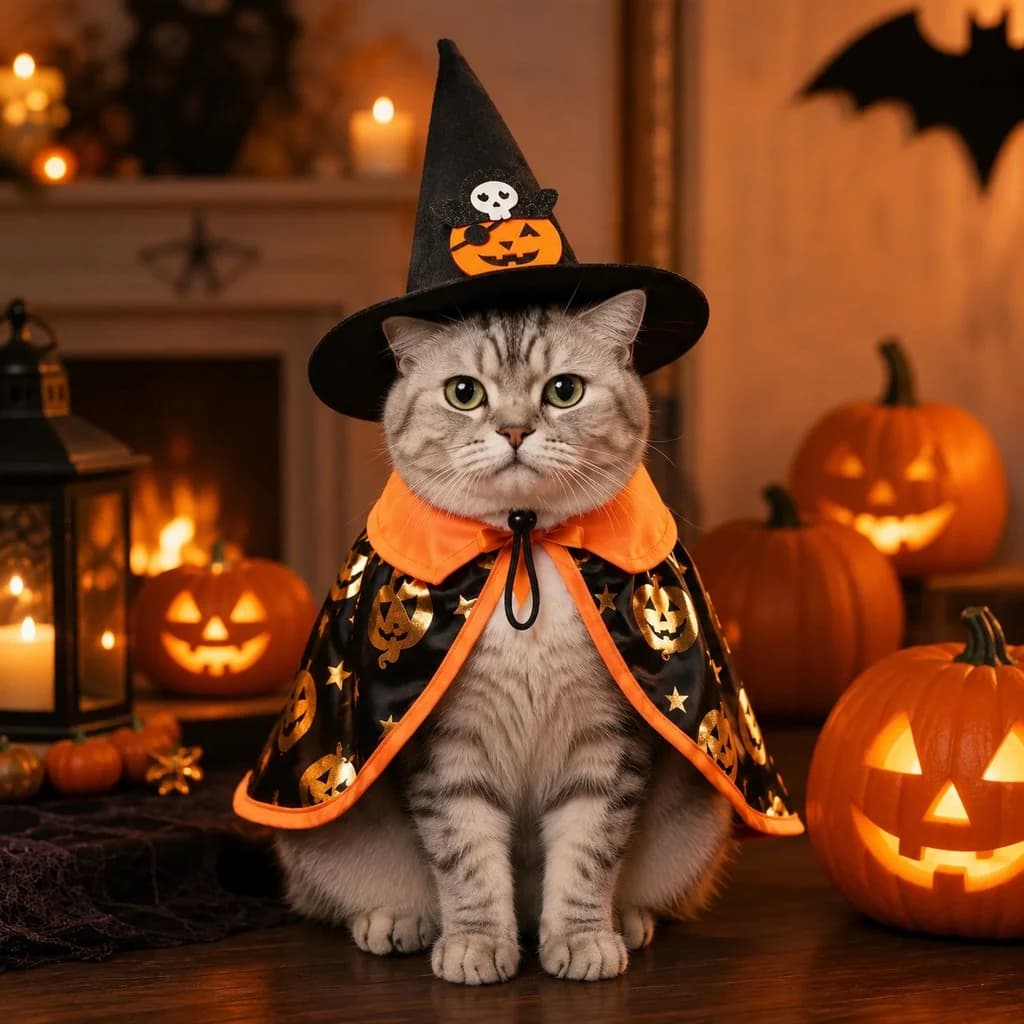 Grey cat dressed in an orange trimmed witch hat and matching Halloween cape
