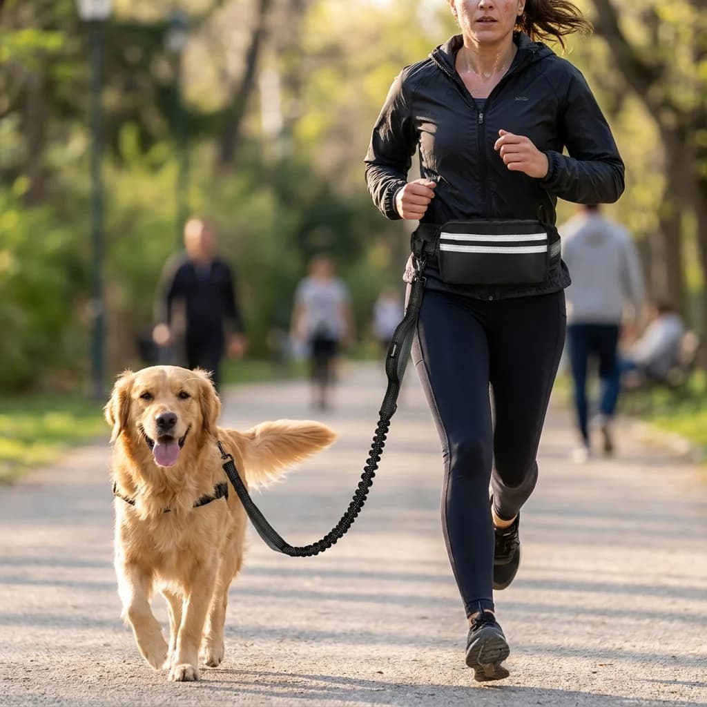 Woman jogging outdoors with a Golden Retriever using a hands free waist dog leash.