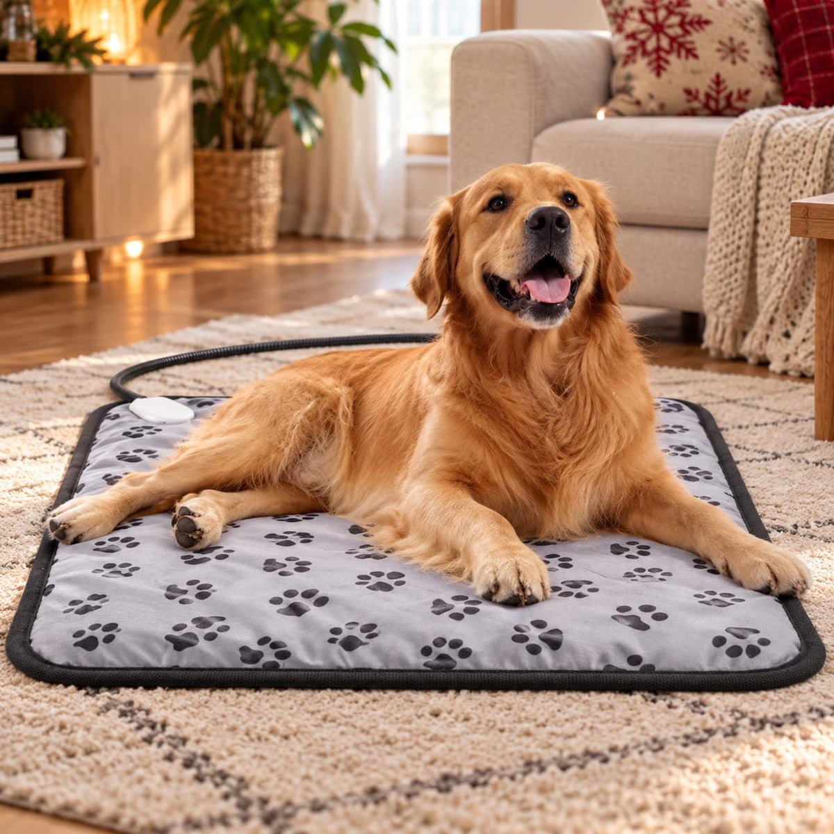 Golden Retriever lying comfortably on a grey electric heated dog mat in a warm living room