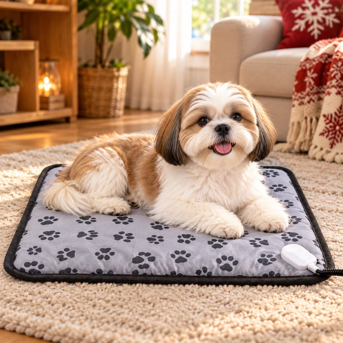 Small dog relaxing on a grey paw print heated pet mat beside a fireplace