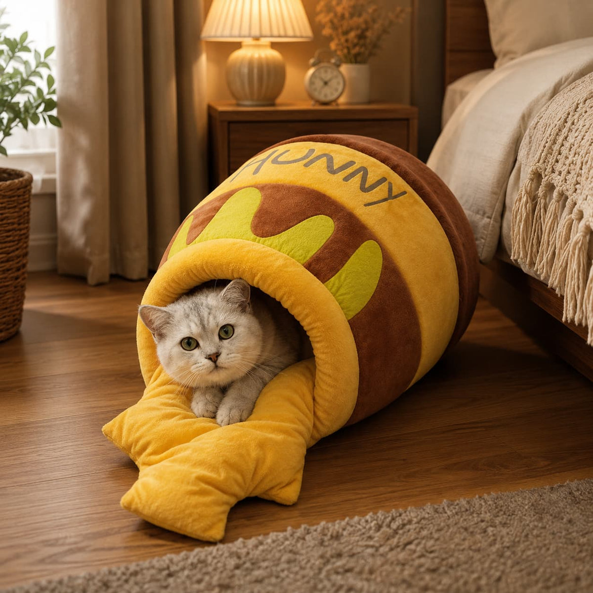 Cat relaxing inside a cosy honey pot cave bed beside a bed in a warm bedroom