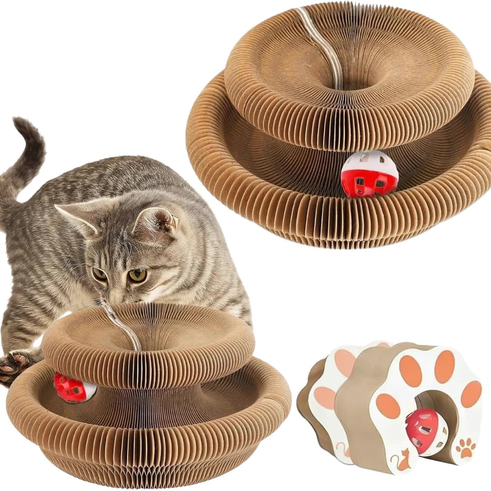 Cats using a round corrugated cardboard scratcher with integrated ball track for play and lounging