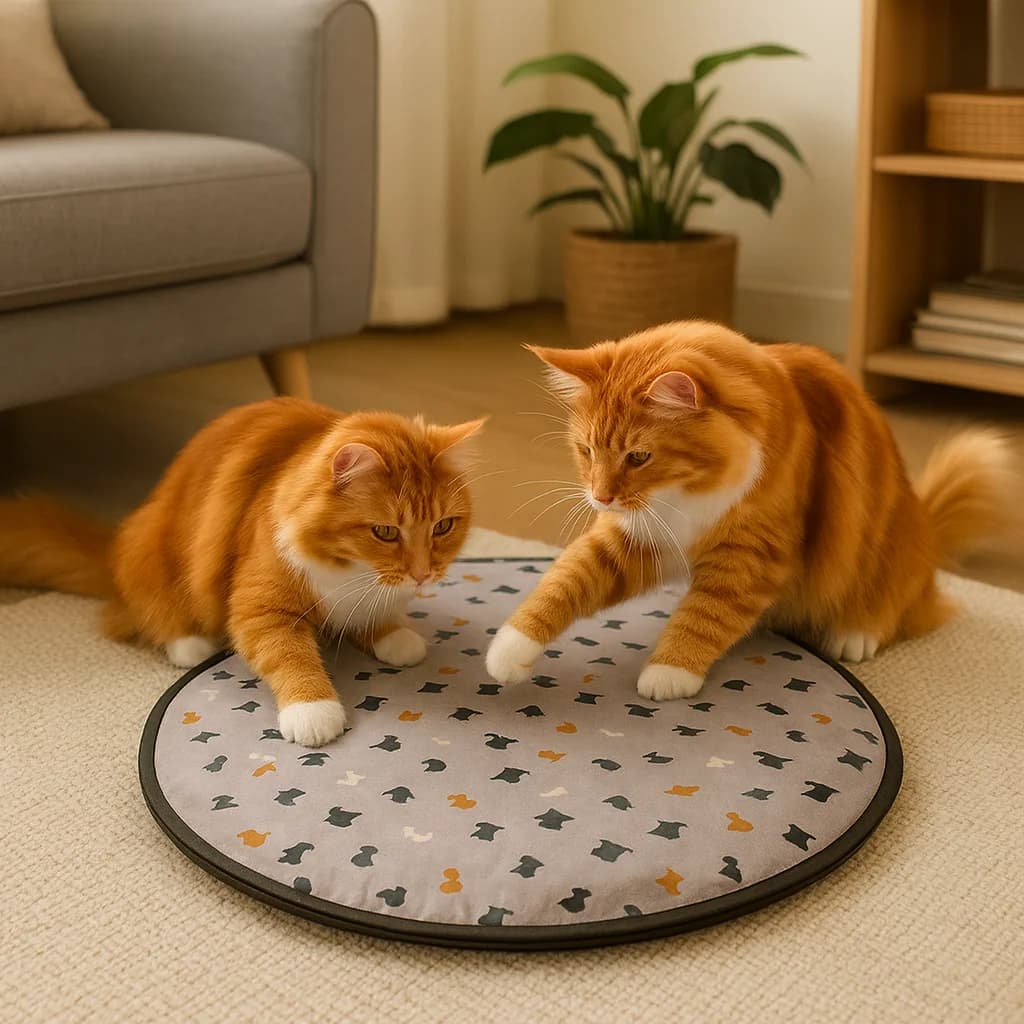 Two orange cats playing together with a round interactive activity mat indoors