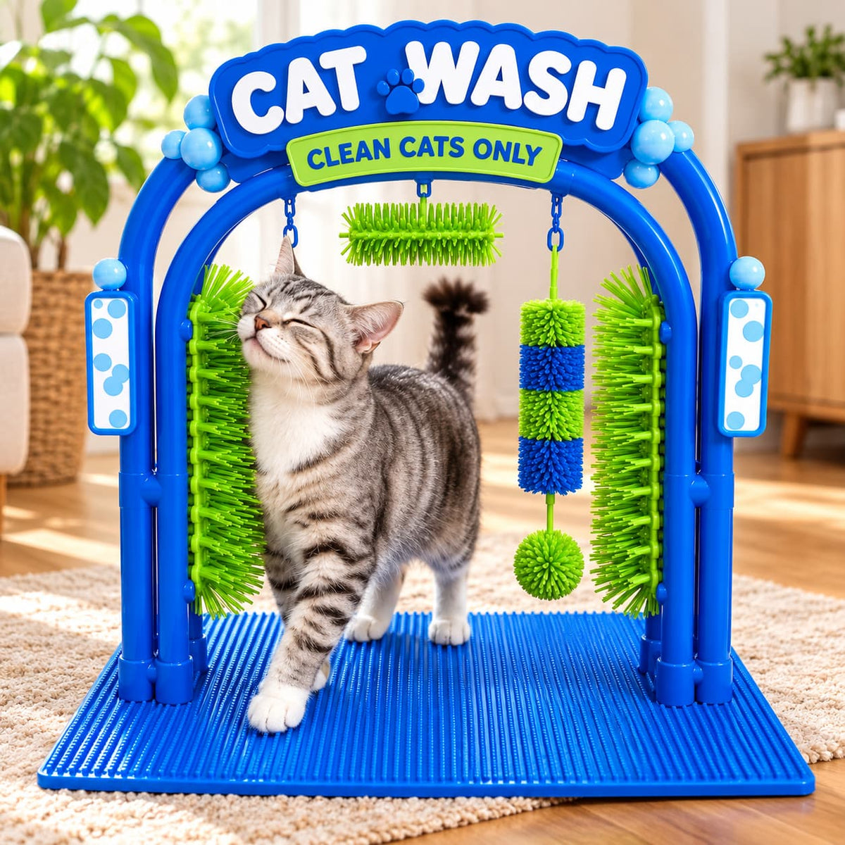 Tabby cat walking through an interactive grooming station with soft brushes for self grooming