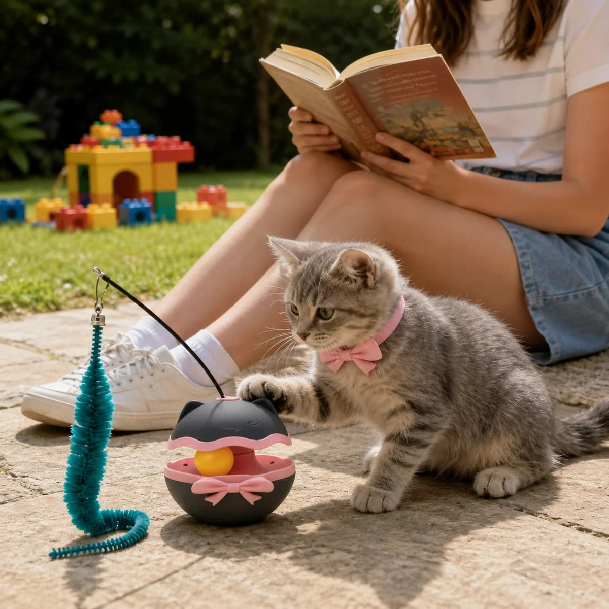 Grey tabby kitten playing with an interactive cat teaser toy featuring a dangling blue feather wand outdoors beside its owner