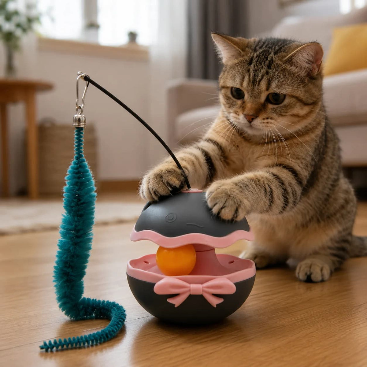 Tabby cat playing with a dangling blue teaser attached to a round interactive cat toy on a wooden floor