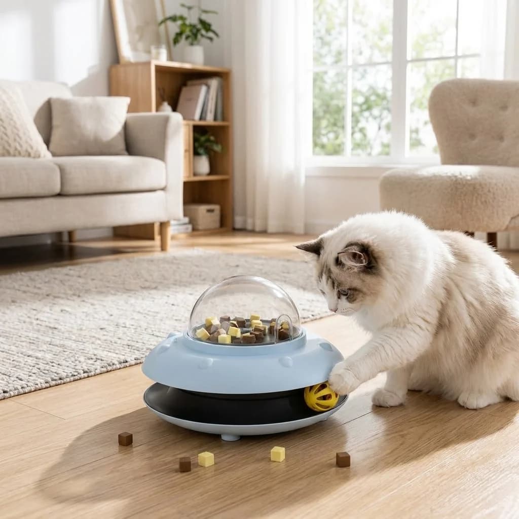Fluffy cat playing with an interactive treat dispensing puzzle toy in a bright living room