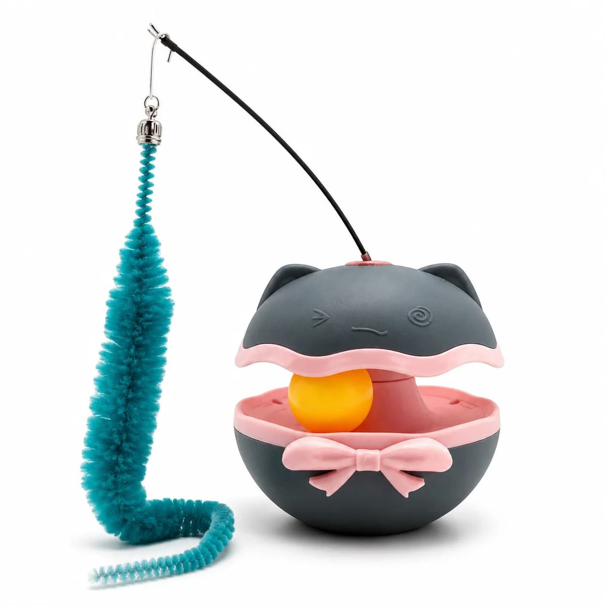 Interactive cat teaser toy featuring a round black base with pink details and a flexible wand holding a dangling blue plush teaser on a white background