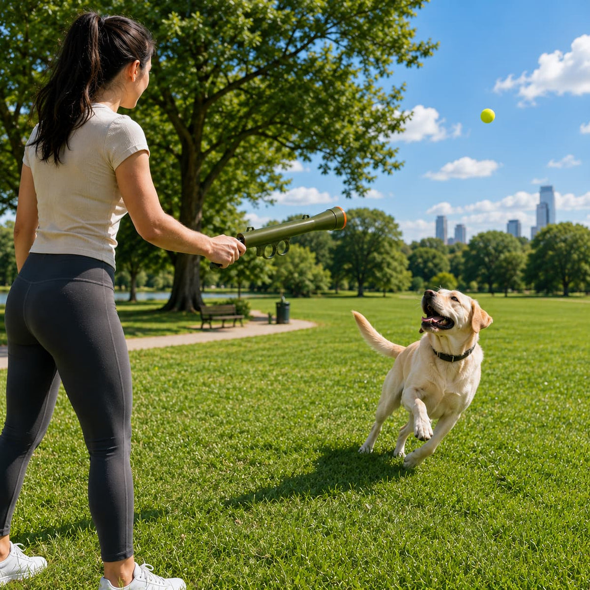 Owner playing fetch with a dog using an interactive tennis ball launcher in the park