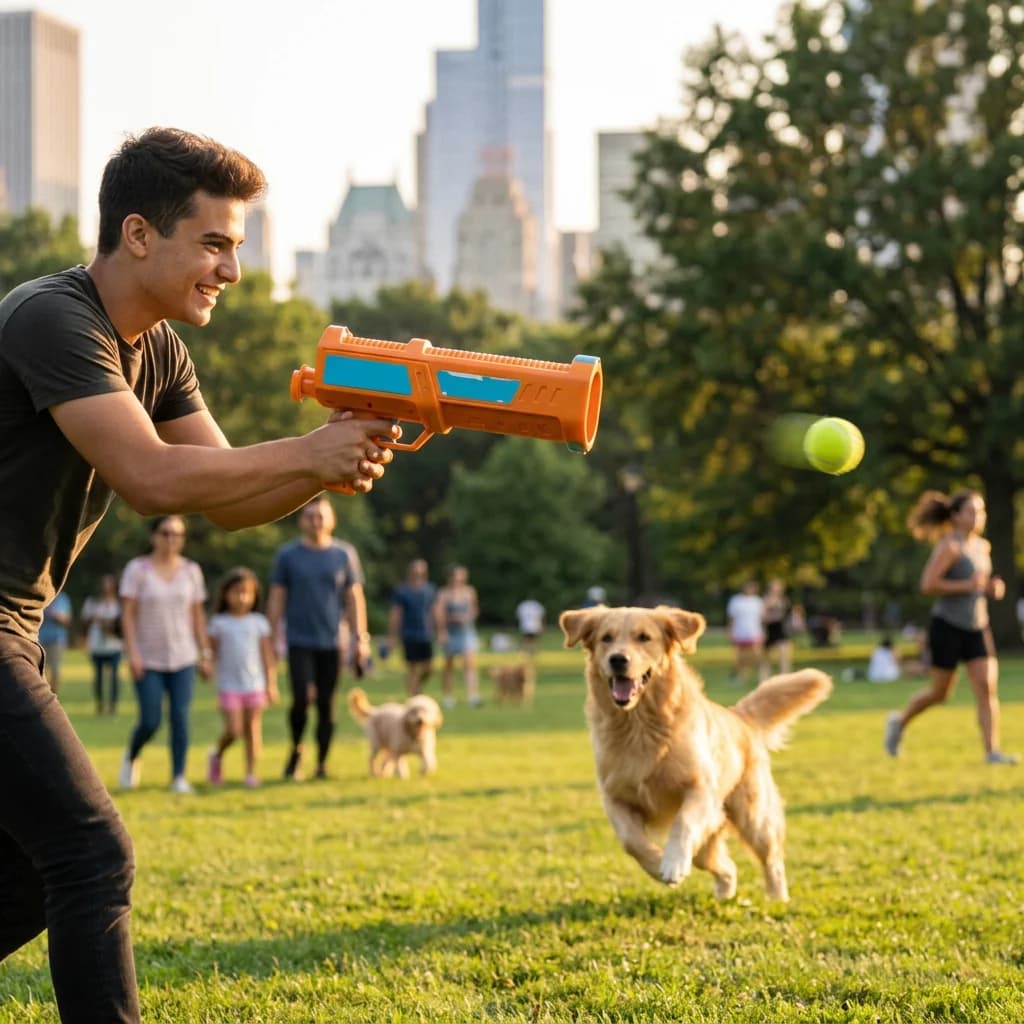 Man using an interactive ball launcher while a dog runs to fetch the tennis ball outdoors