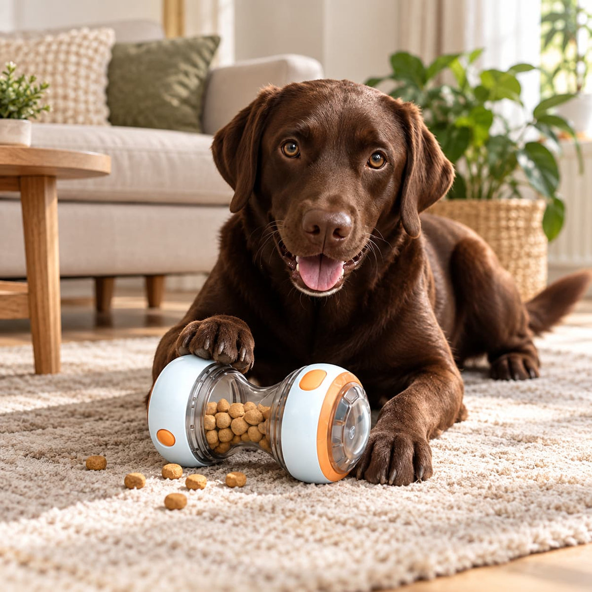 Chocolate Labrador playing with an interactive treat dispensing dog toy on a living room rug