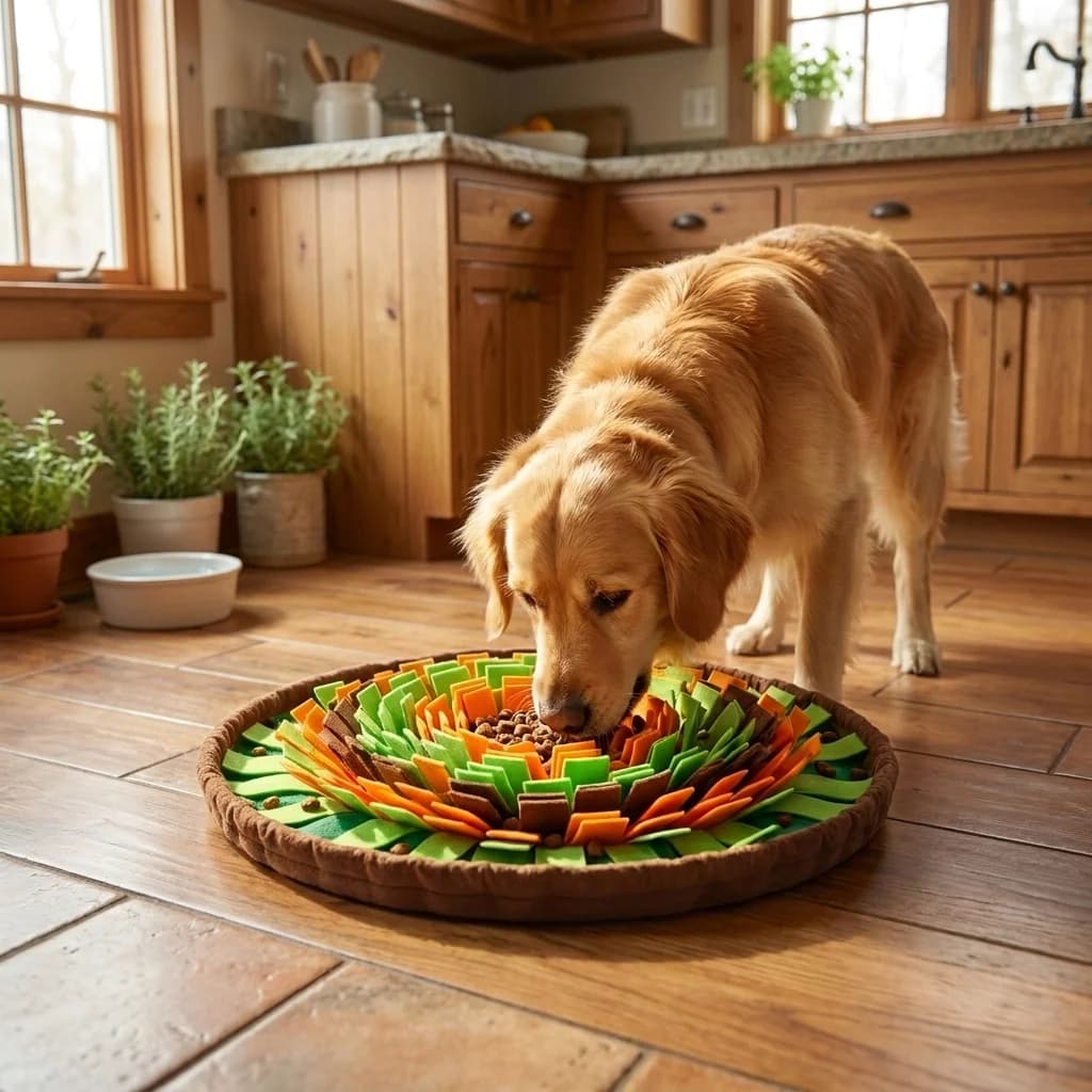 Golden Retriever searching for treats inside a colourful interactive dog snuffle mat in a kitchen.