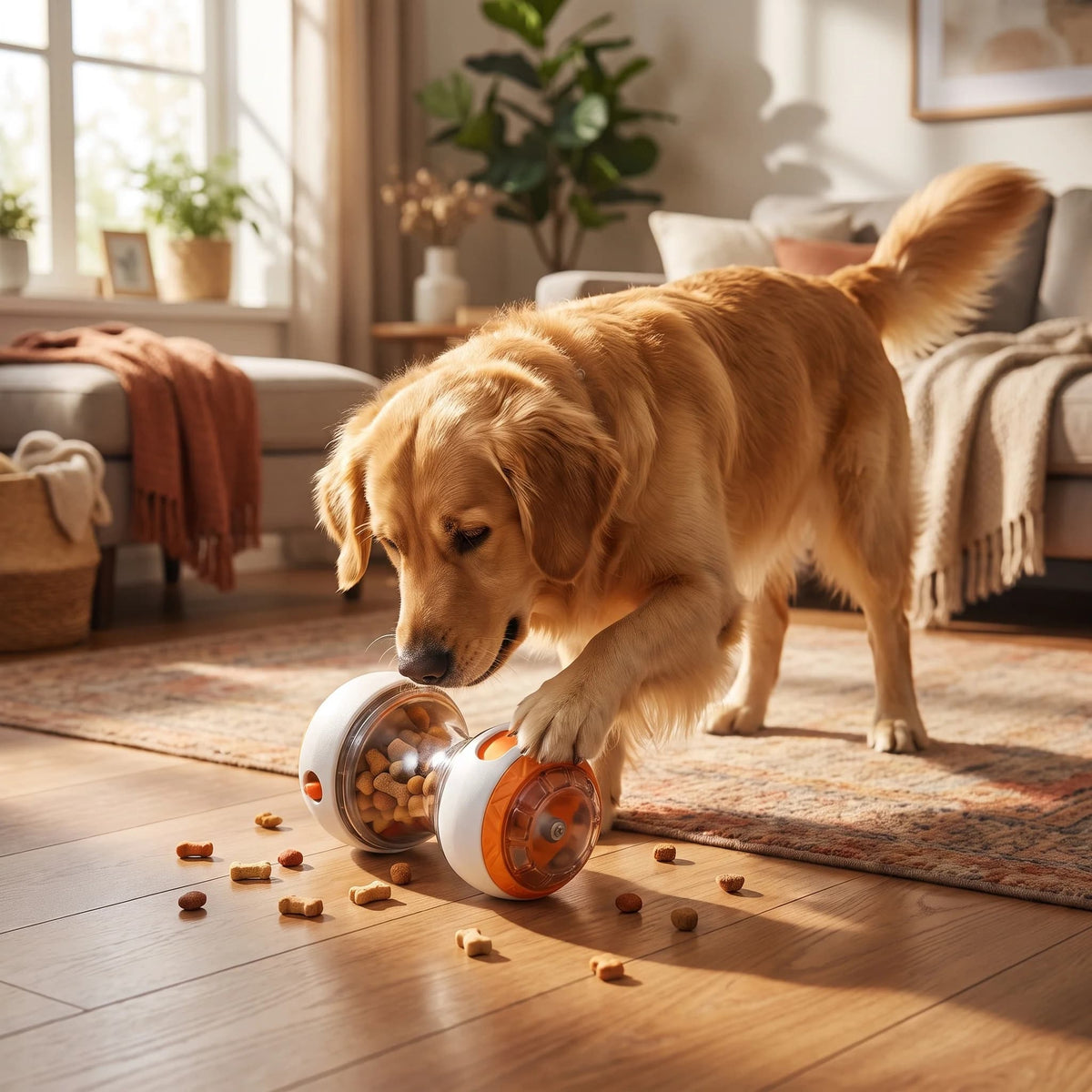 Golden Retriever playing with an interactive rolling treat dispenser toy indoors