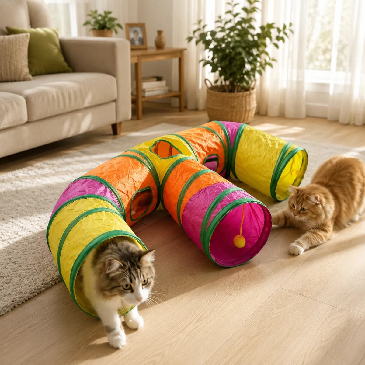 Cats playing around a colourful multi-way cat tunnel designed for indoor hiding, exploring and play.