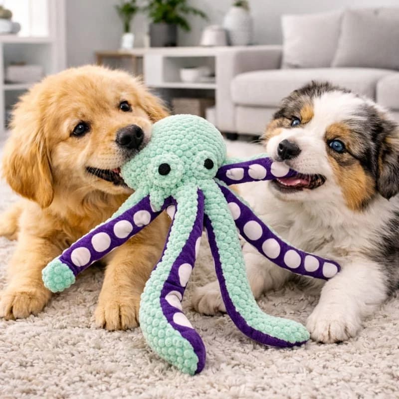 Two puppies playing together with a green and purple octopus plush dog toy in a living room