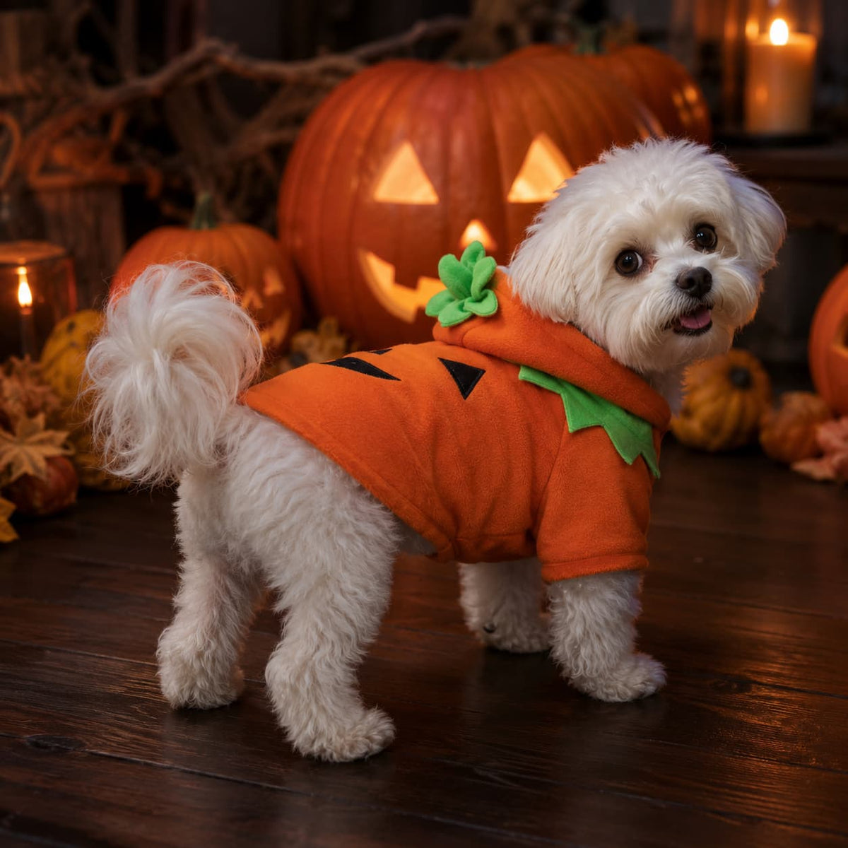 Small white dog wearing a jack o lantern Halloween costume indoors beside glowing pumpkins