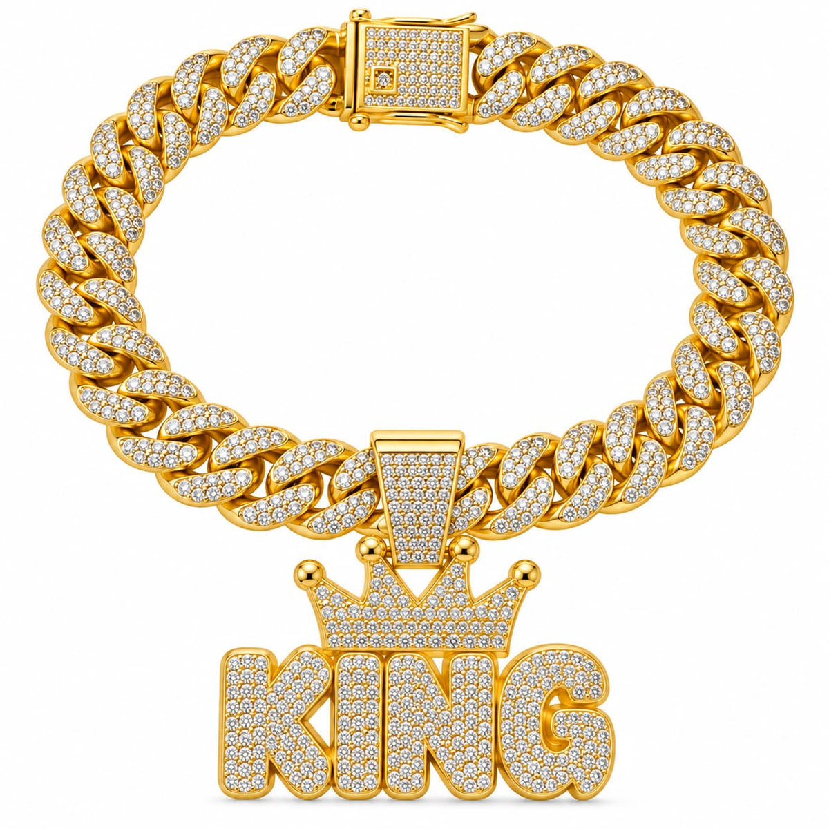 Gold Cuban link dog chain with diamond style King crown pendant on white background
