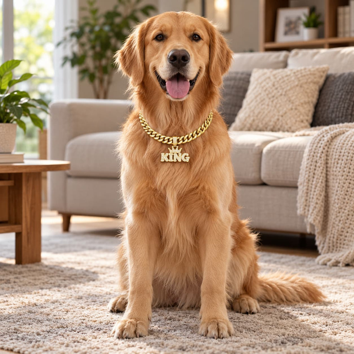 Golden Retriever wearing a gold King pendant chain necklace in a living room